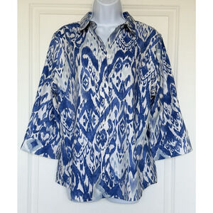 CHICO'S Blouse 3/4 Sleeve Collared Button Down Blue/White Stretch No-Iron Size 2